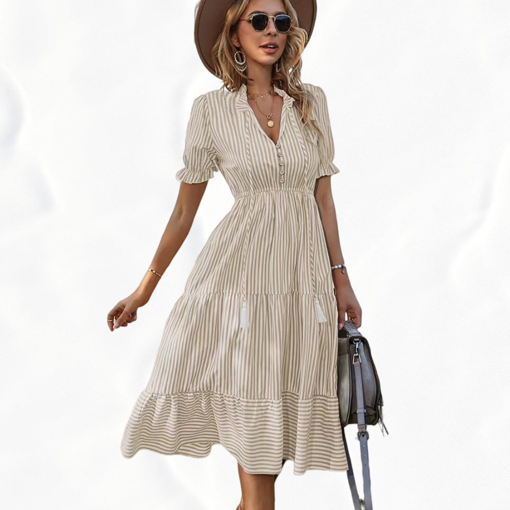 Women's Cream Striped V-Neck Puff-Sleeve Tiered Midi Dress